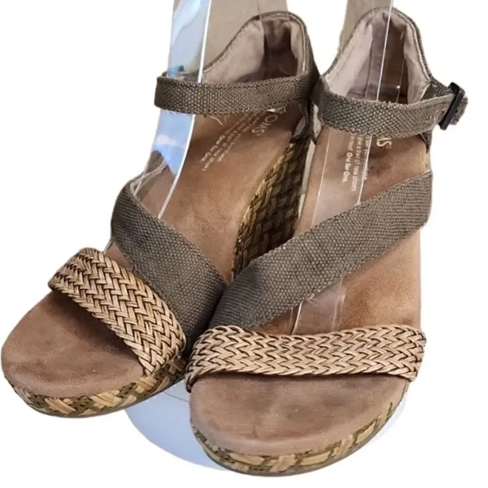 Toms- Clarissa Weaved Jute Wedges Olive Green Strappy, Size 7.5